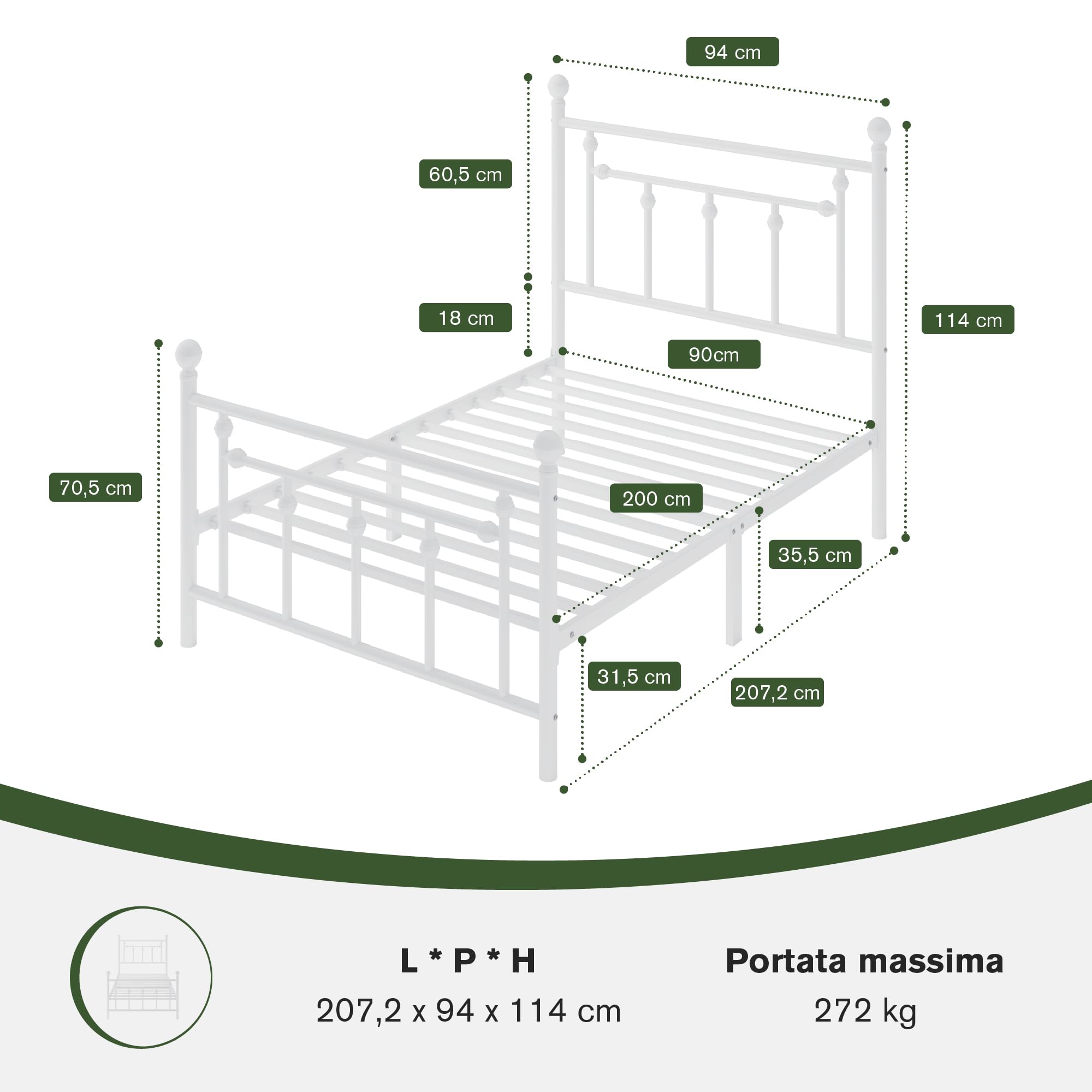 MUTICOR Struttura Letto in Metallo 90x200 cm dal Design Senza Tempo, Telaio Stabile con Doghe Incluse, Spazio Contenitore Sotto il Letto, Silenzioso, Bianco
