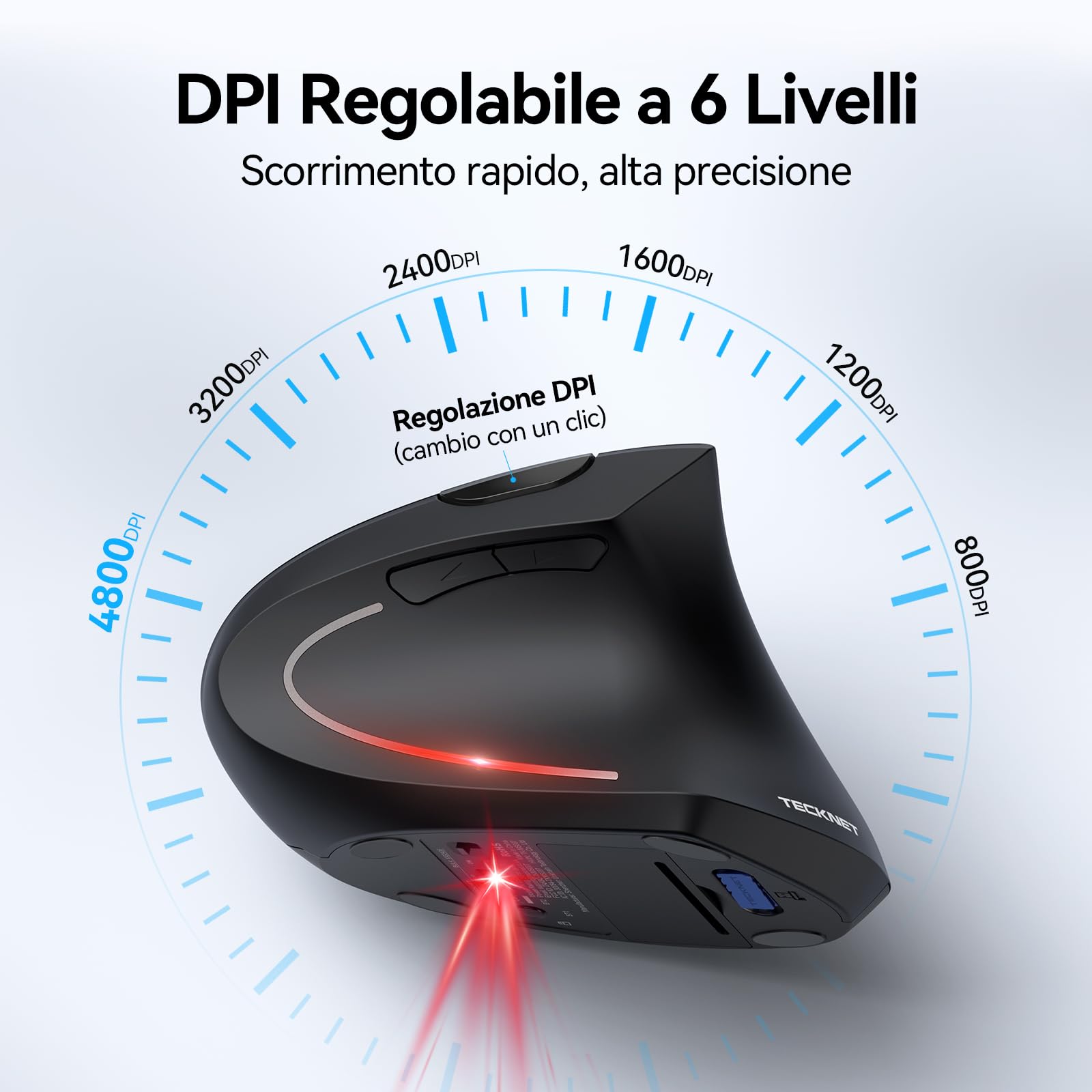 TECKNET Mouse Verticale Bluetooth,Multi-dispositivo Mouse Ergonomico (Tri-Mode: BT 5.0/3.0 + 2.4G),4800 DPI Mouse Verticale Wireless,Mouse Senza Fili 6 Pulsanti per PC, Computer Portatile, Mac