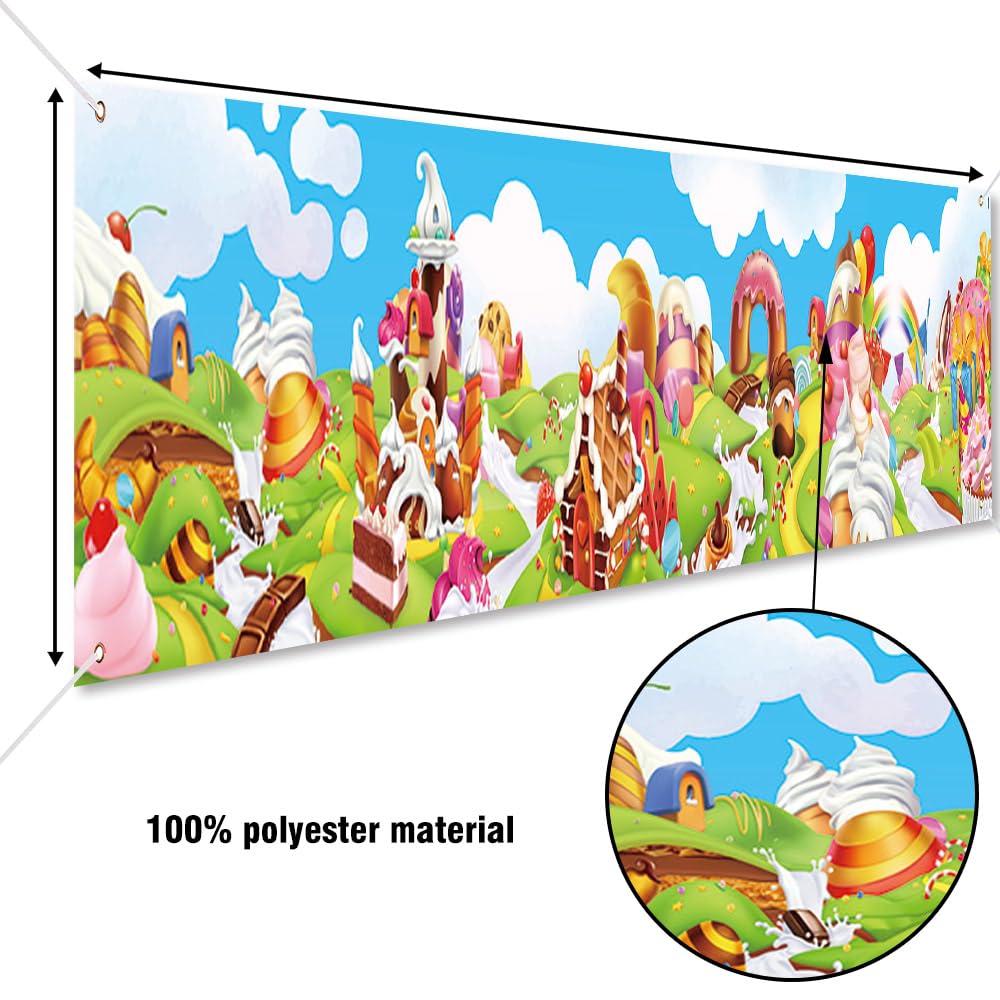 DOTOOMA Candyland Słodka Kreskówka Tęczowa Babeczka Lody Zamek Motyw Podwórko Baner Znak Dekoracje Baby Shower Dziewczyny Urodziny Tort Stół Poliester Materiały