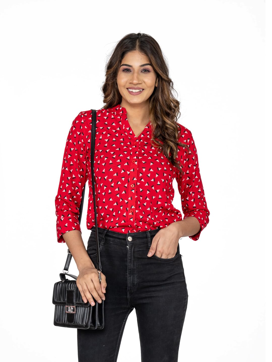 AMADORE Women Regular Fit Printed Mandarin Collar Casual Shirt