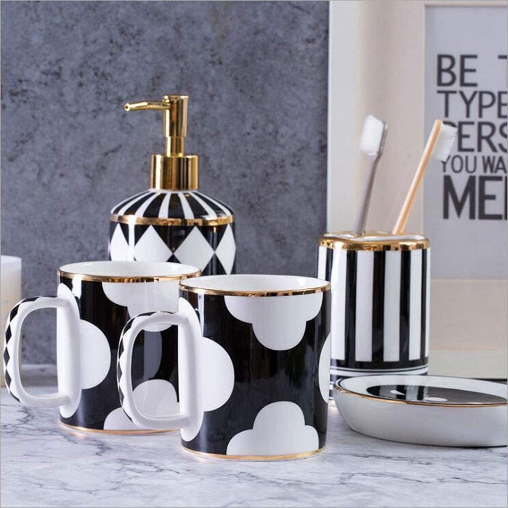 Badezimmer Set Seifenspender Set 5-teiliges Badezimmer-Zubehör-Set Aus Keramik, Seifenspender, Mundwasserbecher, Seifenschale, Zahnbürstenhalter, Toilettenartikel-Set Deko Badezimmer (Color : A, Siz