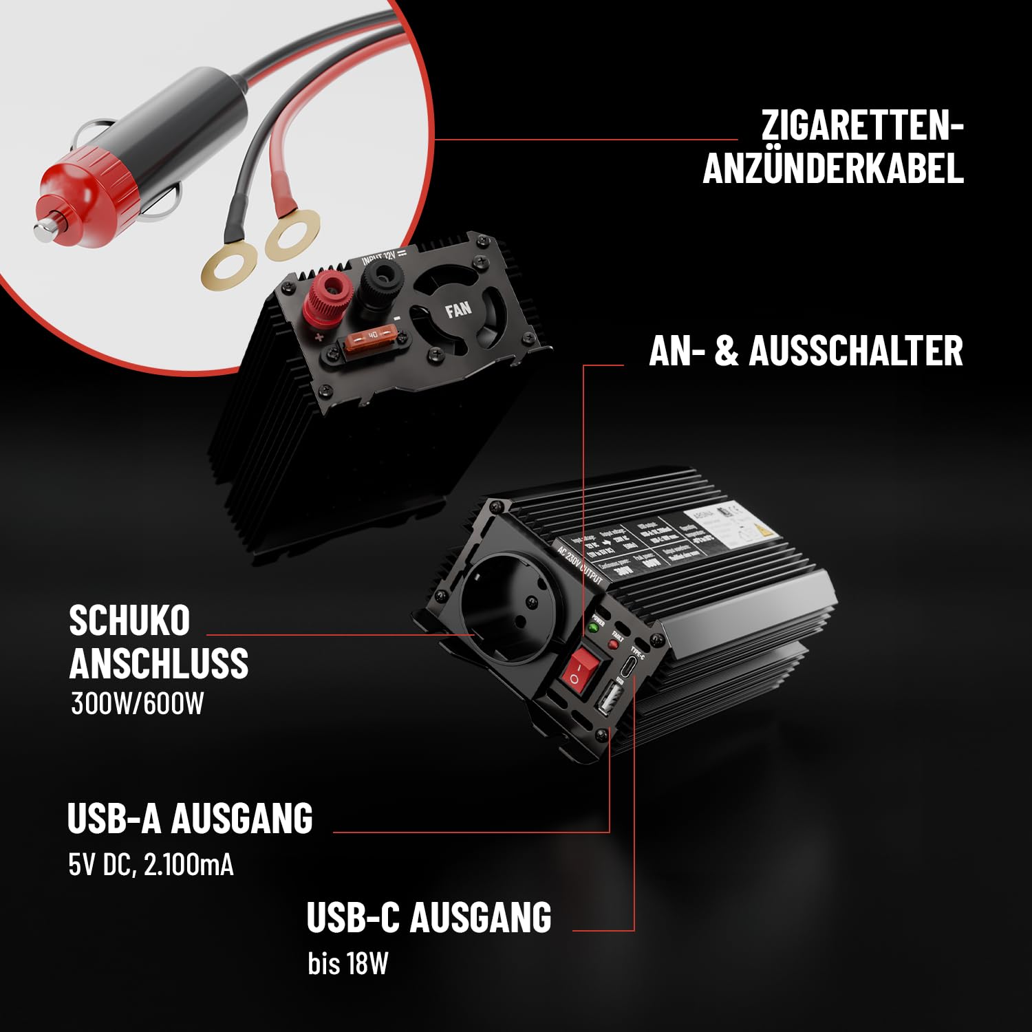 ABSINA Wechselrichter 12V auf 230V - Modifizierter Sinus Spannungswandler - Inverter 300W mit 600W Spitzenleistung - Stromwandler - Stromumwandler - Umwandler