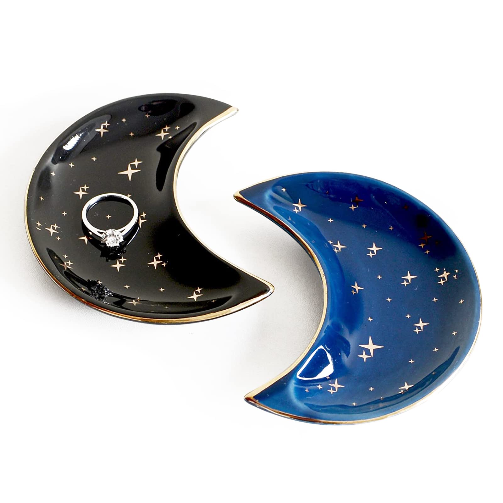 2 Pcs Small Moon Jewelry Dish Tray, Decorative Ceramic Trinket Dish, Modern Accent Tray for Vanity Birthday Christmas Thanksgiving Gifts for Women Friends Sister BFF Bestie