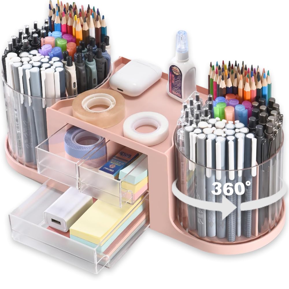 ALUNME Rotating Desk Organizer with 2 Rotating Pen Holder 10 Compartments and 3 Drawer,Pencil Storage Organizer Desk Organizer and Accessories for Office Stationery Supplies (pink)