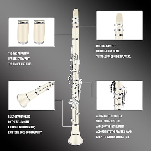 Miniatura 2 de Soulmate Clarinete para principiantes, estudiantes, adultos, 17 teclas niqueladas, Bb Flat con 2 barriles, 10 cañas, estuche rígido y kit de