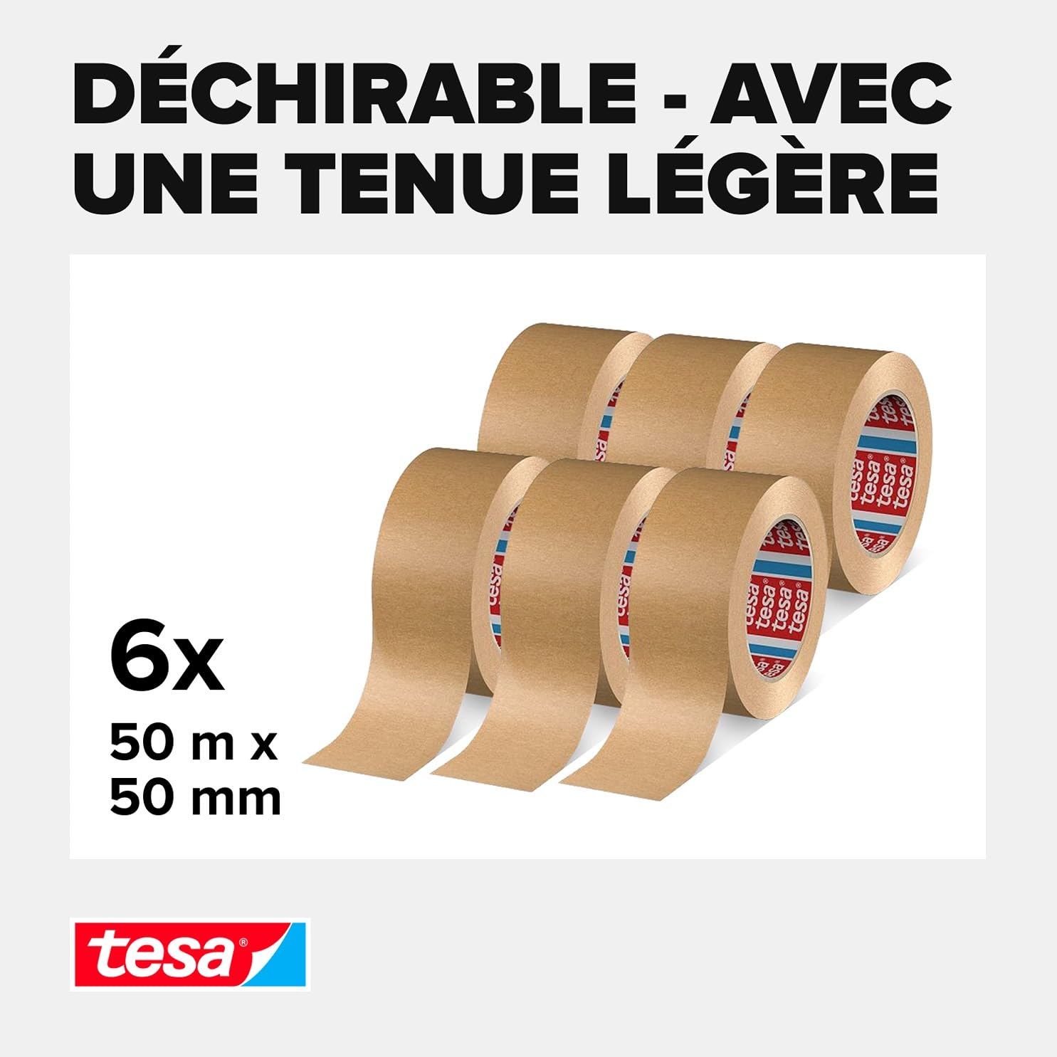 Tesapack 4313 Ruban Adhésif Papier Blanc - Lot De 6 Rouleaux 50m X 50mm Pour Emballage Colis