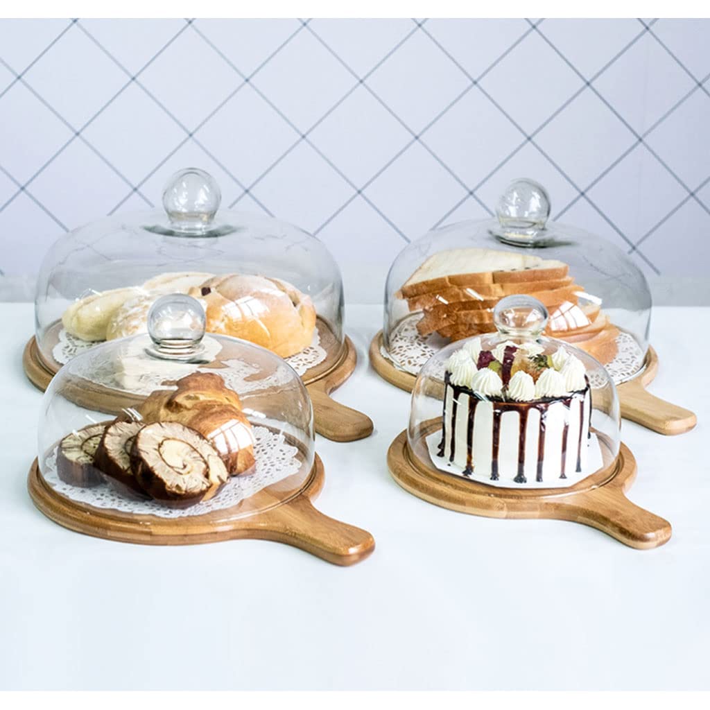 Plateau à gâteau en Bambou avec Couvercle en dôme en Acrylique Transparent et poignée de Plateau Plateau de Service Plat en Bois Présentoir à Cupcake Rond pour Fromage à Sandwich