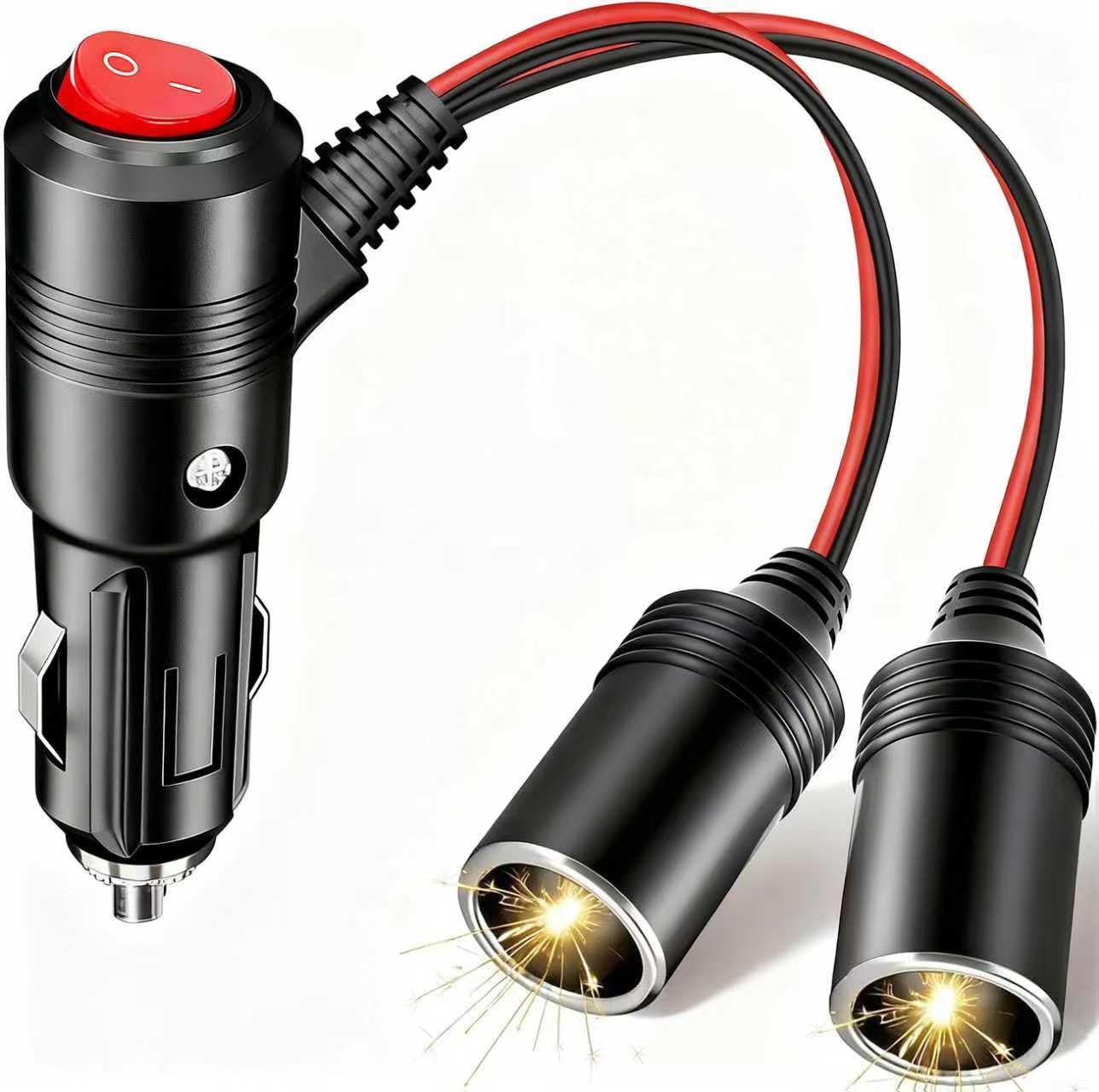 VNUUUXO ROO 1 to 2 DC 12V 24V 24V 2 Sockets with Switch, 15cm Cigarette Lighter Extension Cord, UL with 15A Fuses, Compatible Cars'