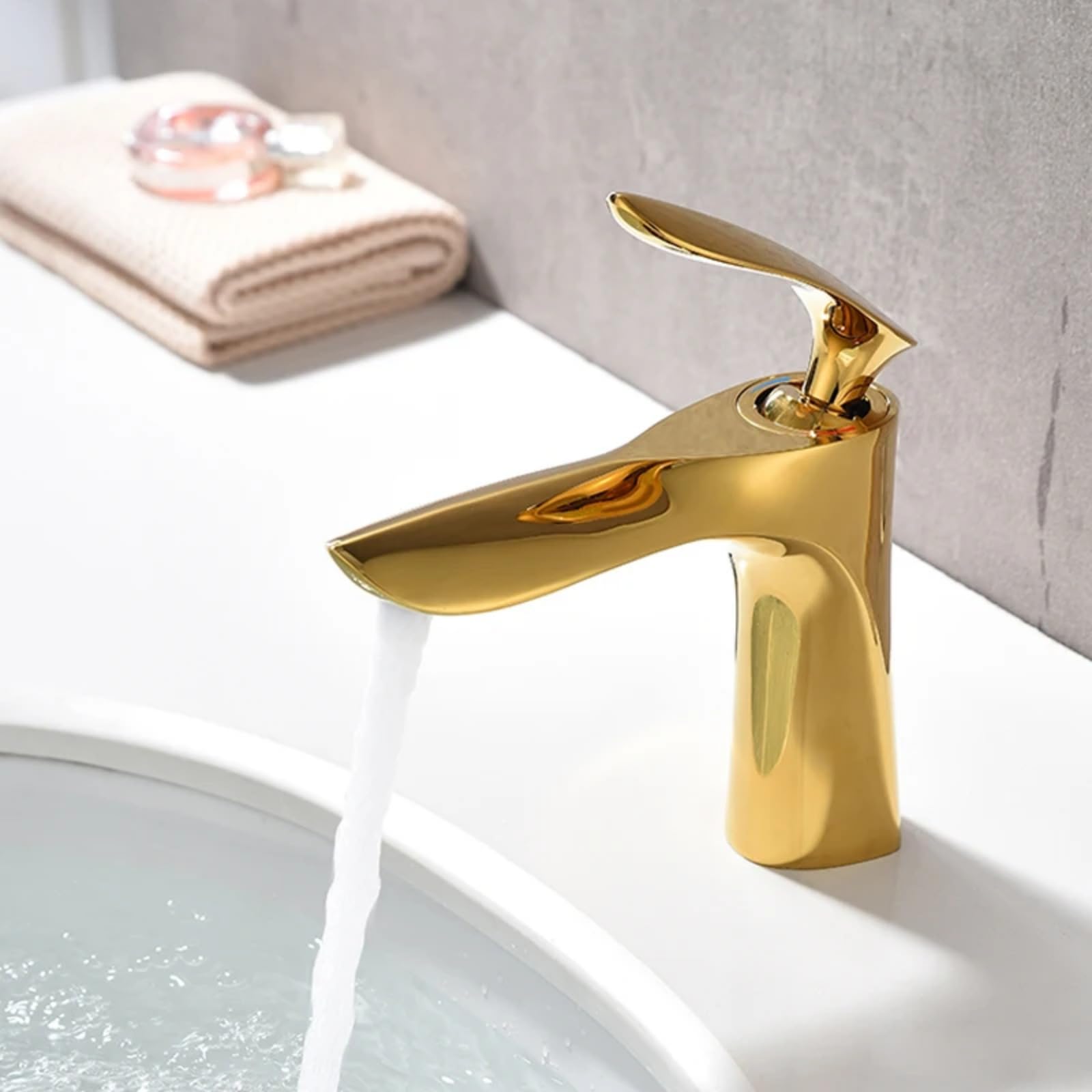Grifo de baño dorado para agua fría y caliente, grifo mezclador de latón para lavabo, grifo montado en cubierta de un solo agujero (dorado corto)