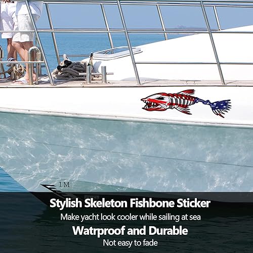 Miniatura 4 de Calcomanías de pez esqueleto de barco de tamaño grande de 15 pulgadas de ancho x 38 pulgadas de largo, calcomanía de pesca con bandera de Estados