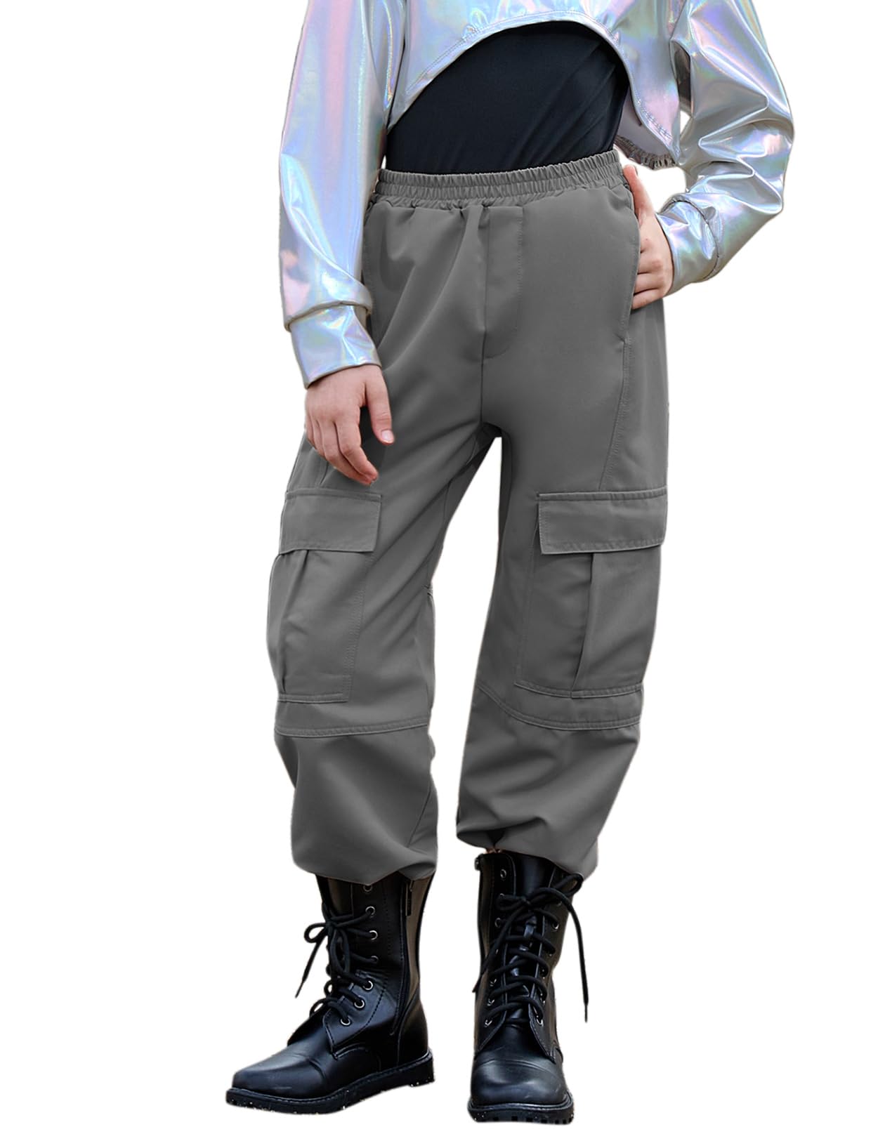 Perfashion Metallic Cargo Pants for Girls &amp; Womens Hip Hop Dance Multi-Pocket Joggers High Waist Pants 6-15Y