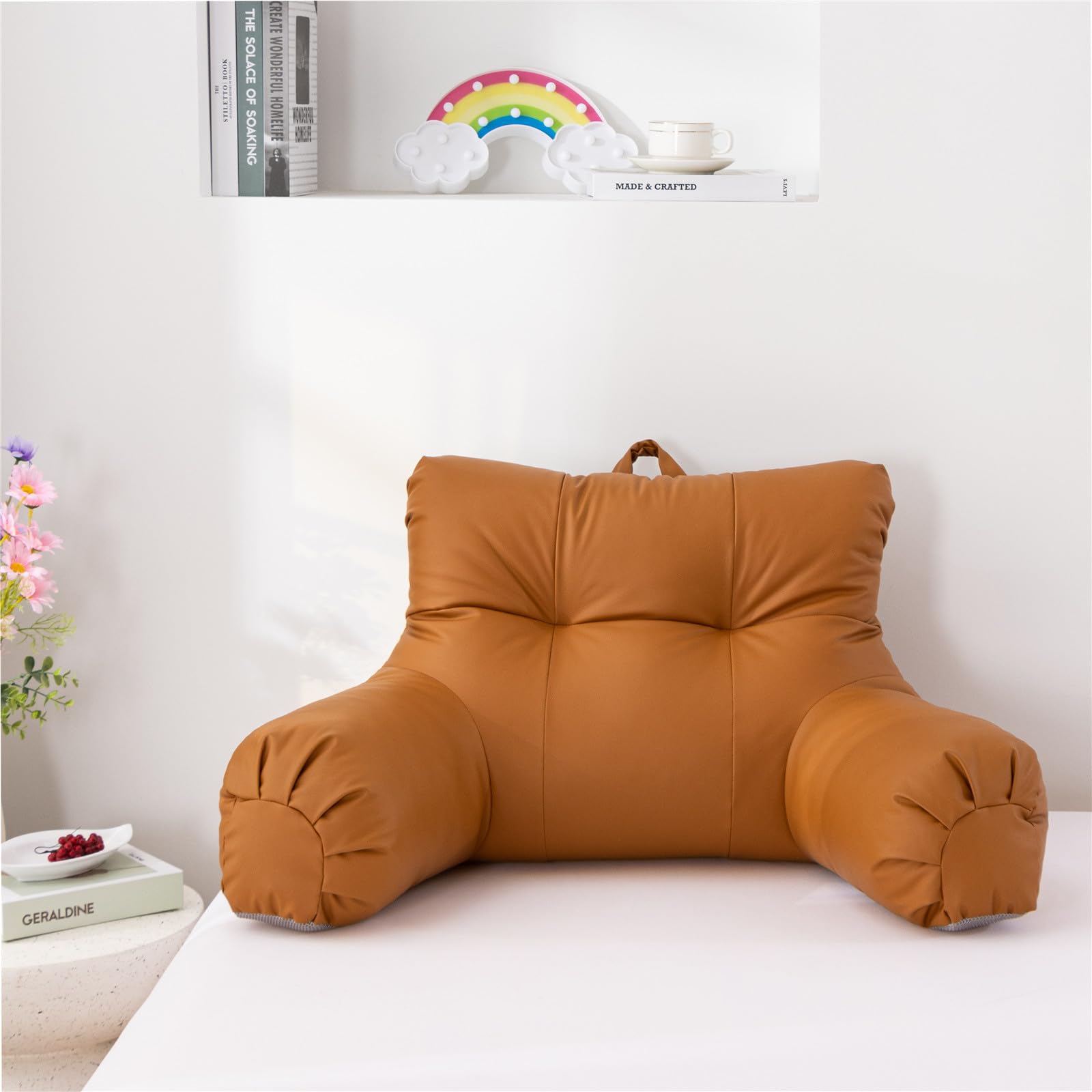 Meeting Story Lmitation Leather Reading Pillows with Arms Soft Bed Rest Pillow for Adults, Teens, Kids (Red Camel)