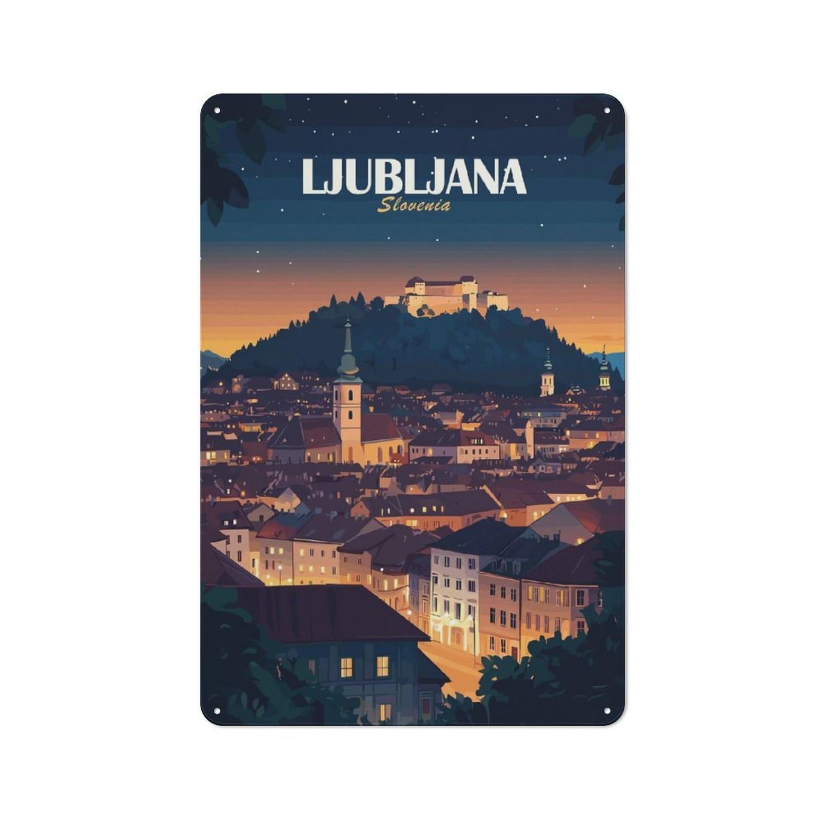 Junmoney Ljubljana Slovenia Cityscape At Night For Hobby Room Or Studio, Retro-Style Tin Sign 30X20cm, For Room Styling Across Hobby Rooms And Studios