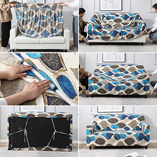 Image of HOKIPO Elastic Stretchable Sofa Cover 1 Seater, Blue Egyptian Art (AR-4093-D13)