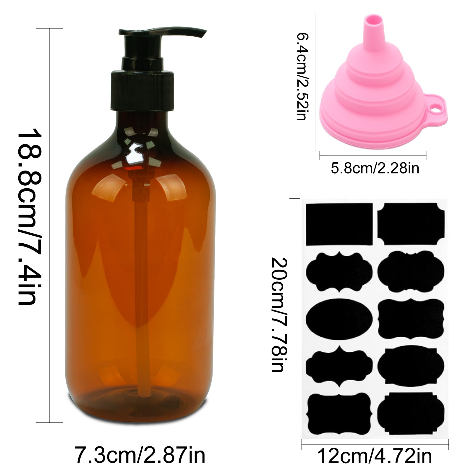 2 Pcs Dispensador Jabon Baño, 500 ML Dispensador Jabon Cocina con Bomba, Botes para Gel y Champu Ducha, Dispensador de Jabón Líquido para Cocina y Baño Champúcon Embudo y Etiquetas (marrón) — view 2