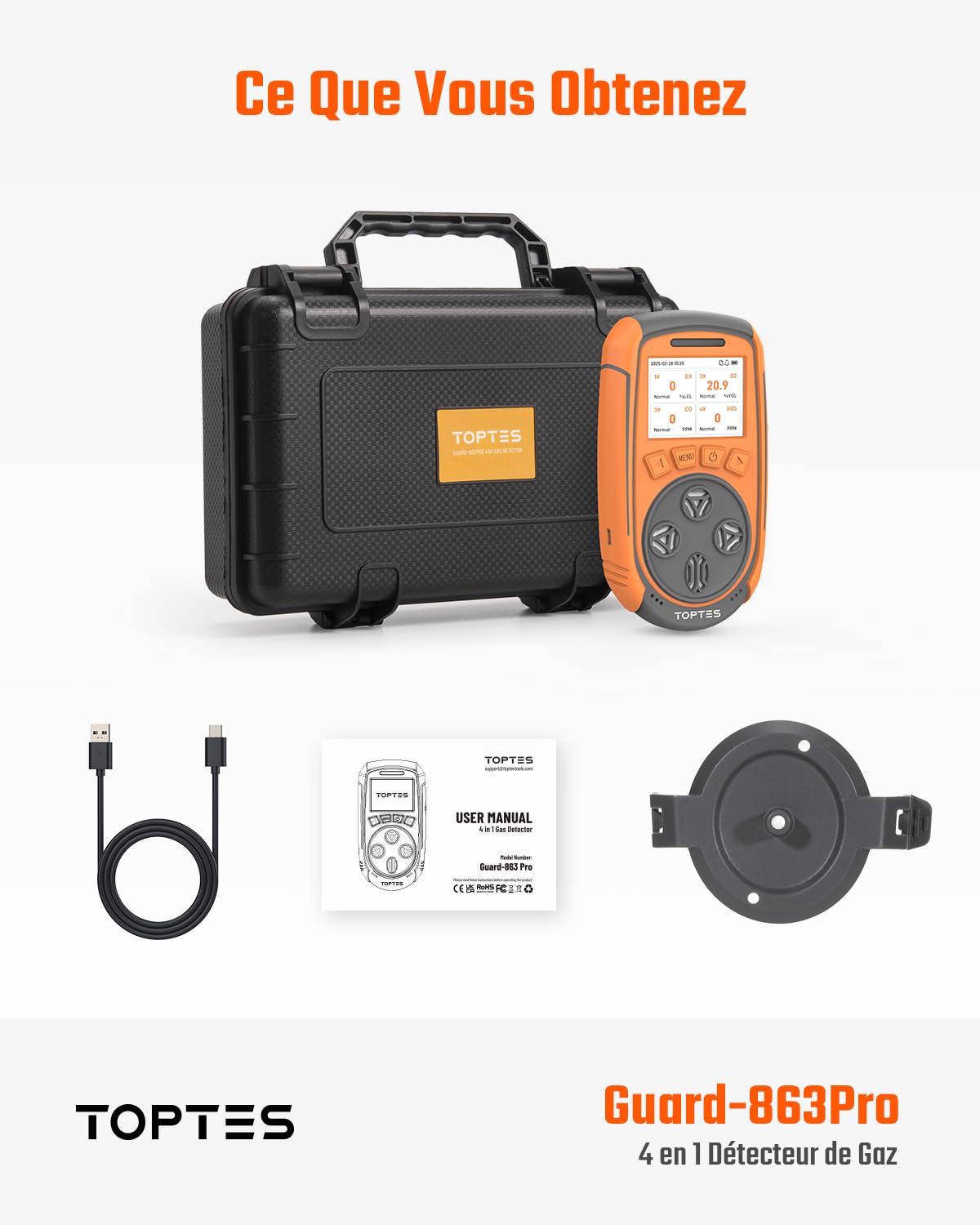 TopTes Détecteur De Gaz, Moniteur 4 Gaz pour H2S, CO, LEL Et O2, avec Écran Couleur TFT, Capteur O₂Amélioré (5 Ans), Exportation de Données USB,18h Autonomie, Fiable pour Travail & Maison