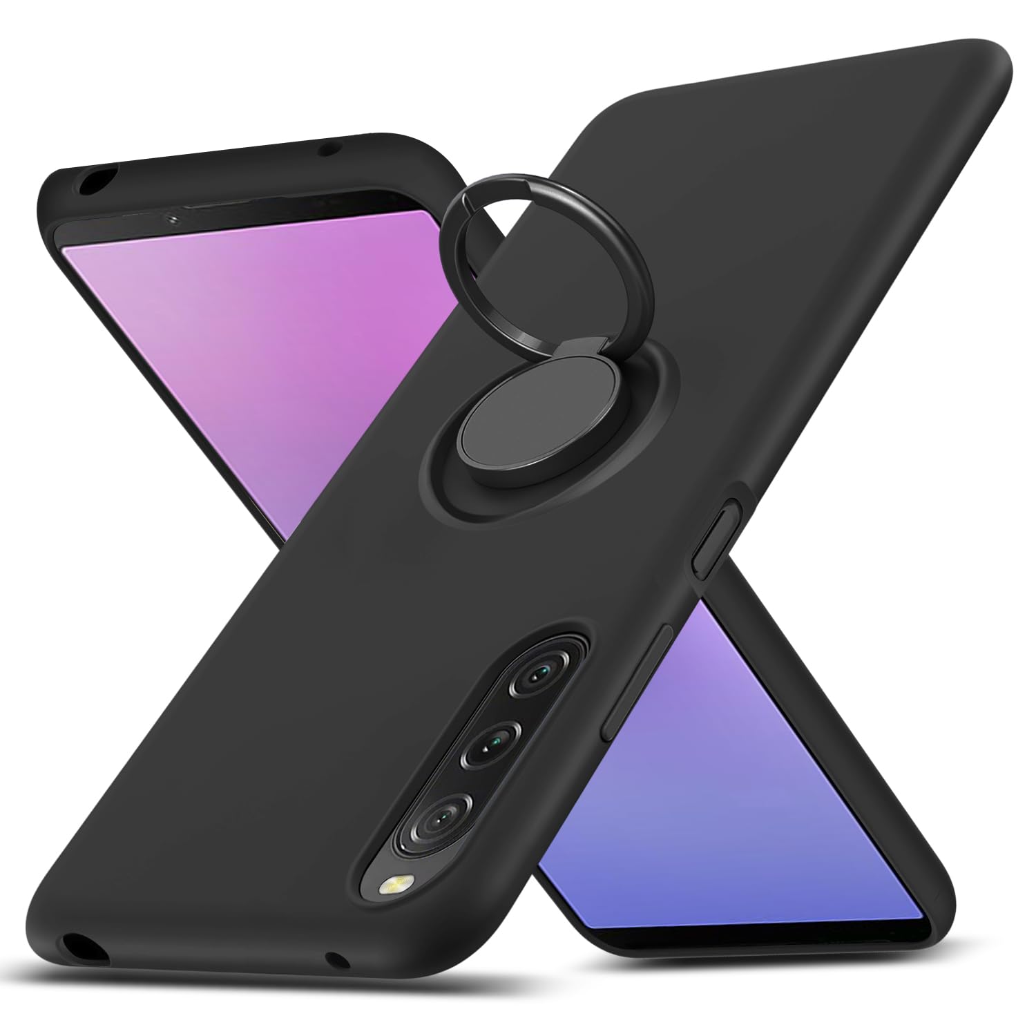 Xperia 10 V 用 ケース リング シリコン SO-52D SOG11 カバー TPU レンズ保護 薄型 360°回転 車載ホルダー 一体型 防水 軽量 ストラップホール 黄変防止 四隅衝撃吸収 おしゃれ 滑り止め フィット感 エクスペリア 10 V 用 液状シリコンカバー 黒 AYS-21-128