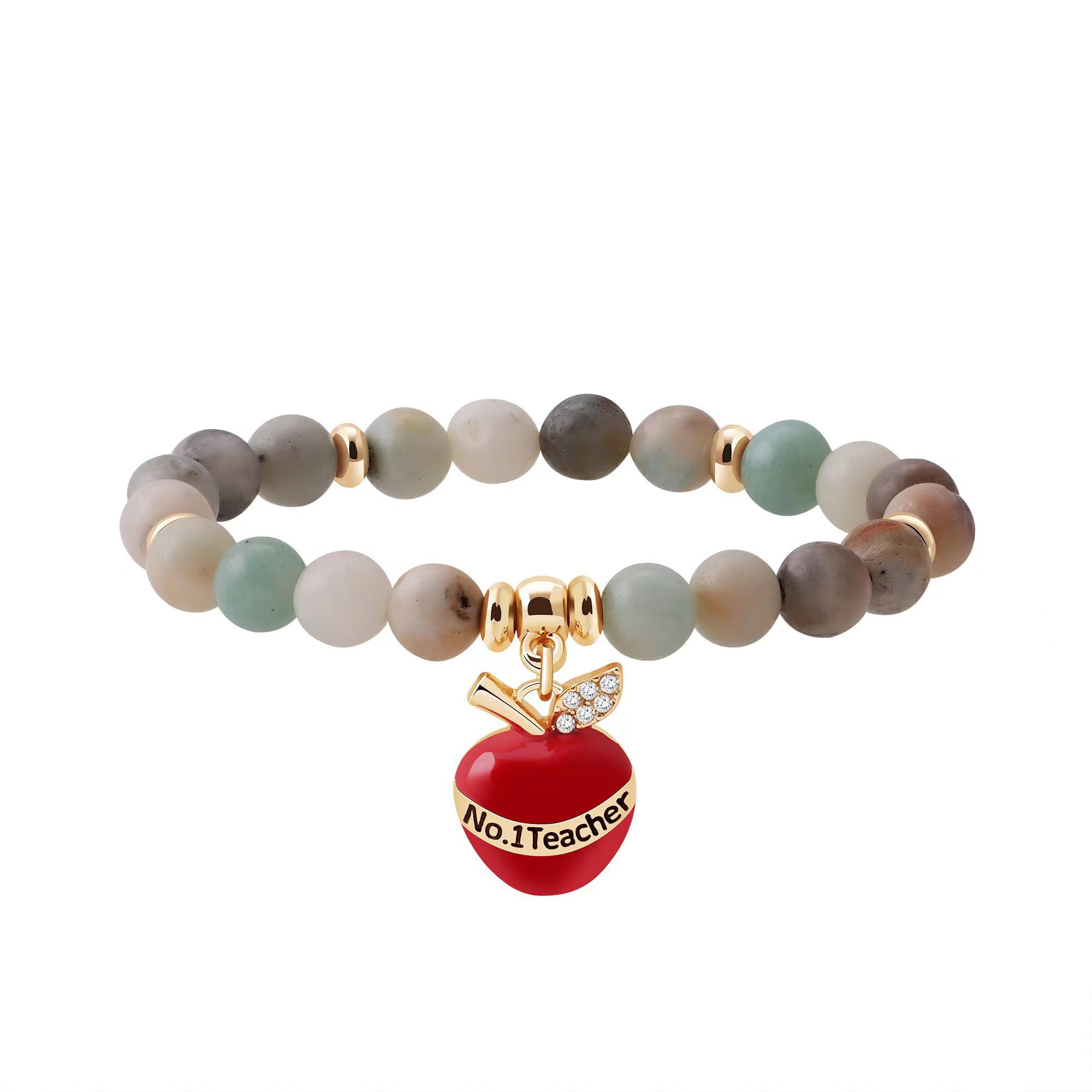 Concise Royal Amazonite Stone Stretch Bracelet with Engraved Apple Pendant - No.1 Teacher Gift