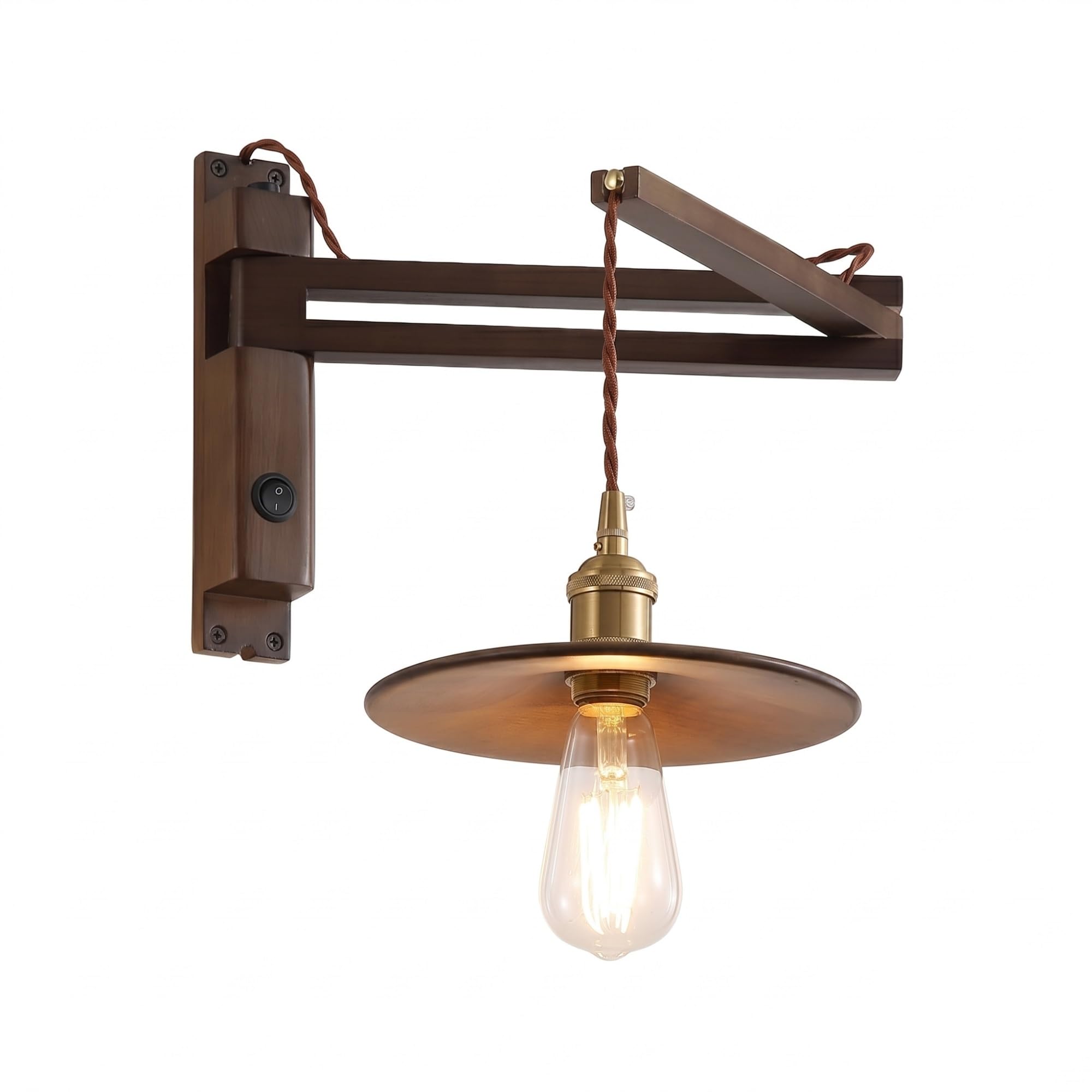 NHPJFDC Modern Walnut Wood Swing Arm Wall Sconce, Mid-Century Nordic Wall Light Fixture with Adjustable Cord, Vintage Rubber Wood & Iron Sconce for Bedroom, Study, Reading Room