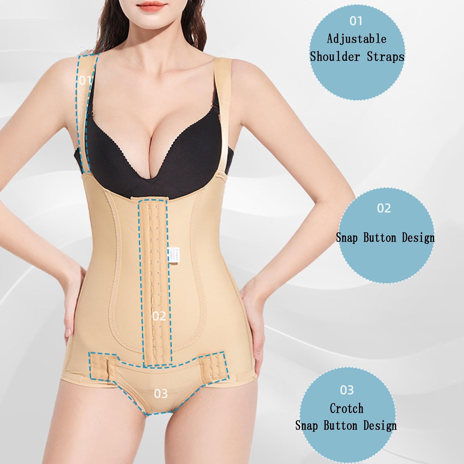 Shapewear Post-liposuccion, Crochets Avant à Plusieurs Rangées, Fermeture Pression l'entrejambe