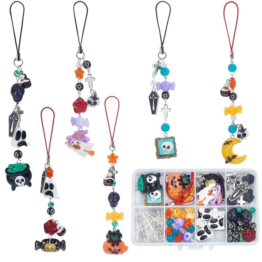 SUNNYCLUE 1 Box 122Pcs DIY 6 Sets Phone Charms Making Kit Halloween Phone Charm Strap Black Pumpkin Ghost Skull Coffin Pendants Candy Beads for Cellphone Case Keychains Bag Hanging Decoration