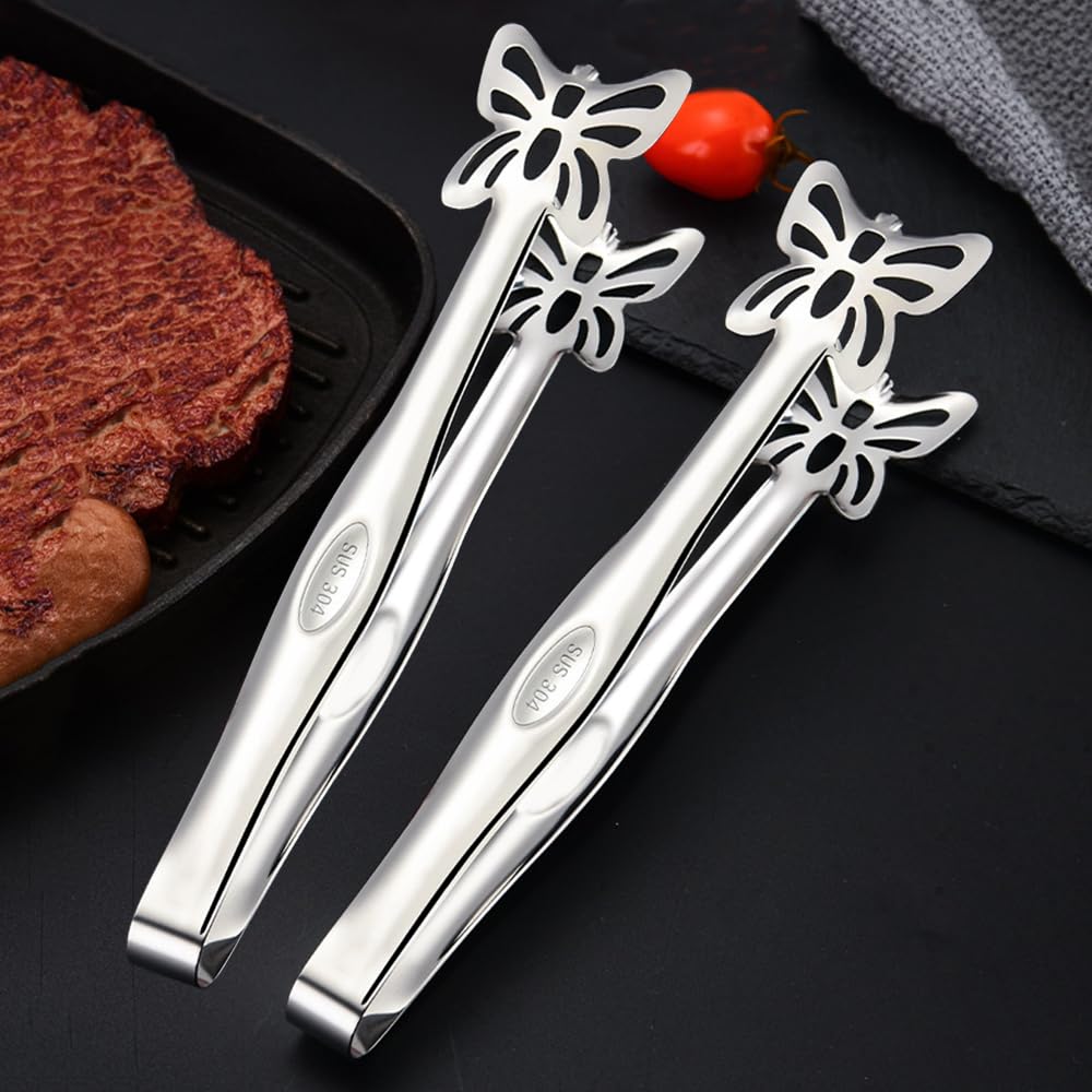 Beauenty Stainless Steel Food Tong Serving Tong, Butterfly Shaped Kitchen Tongs 304 stainless steel Buffet Tongs, 9-Inch Salad Tongs Serving Utensils, 2 Pcs (Silvery)
