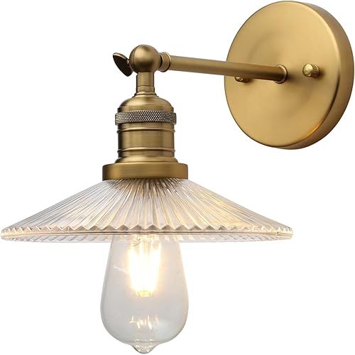 Aplique de pared industrial vintage de 1 luz con embudo acanalado pantalla de vidrio transparente, lámpara de pared interior para sala de estar,