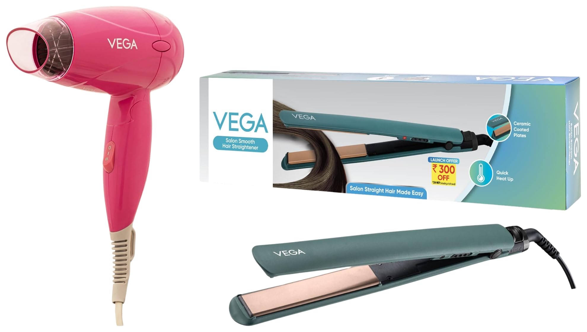 vega salon smooth hair straightener for women with ceramic coated platesgreen & vega hair dryer for women, 1200 watts, travel friendly compact blow dryer with foldable handle, (vhdh-33), pink