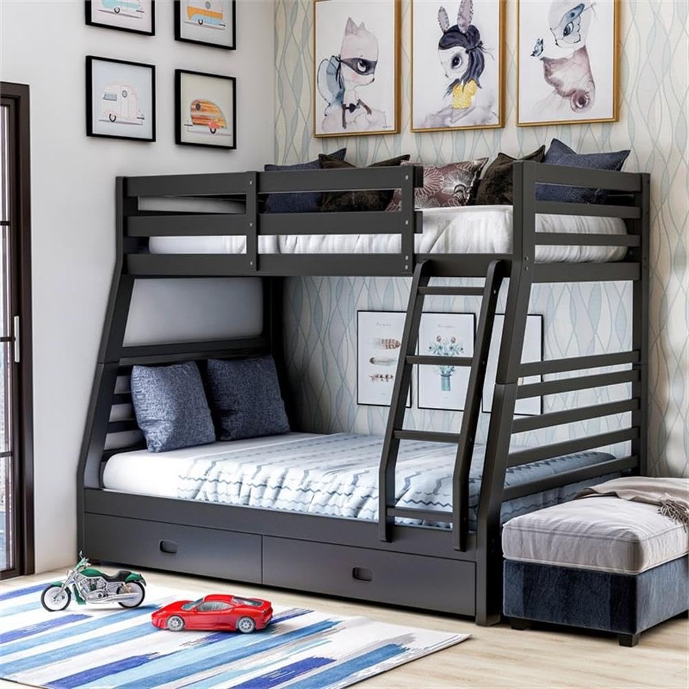 BOWERY HILL Transitional Wood Twin Over Full Storage Bunk Bed in Black