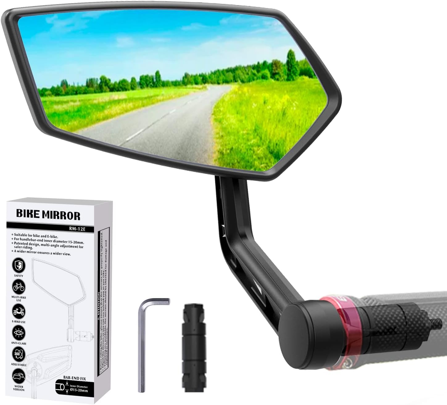 RBRL Rotatable HD Safety Convex Bar End Bike Mirror, Scratch Resistant Wide Angle Bicycle Mirror, Shatterproof Side Mirrors for Electric Bikes Universal (Left)