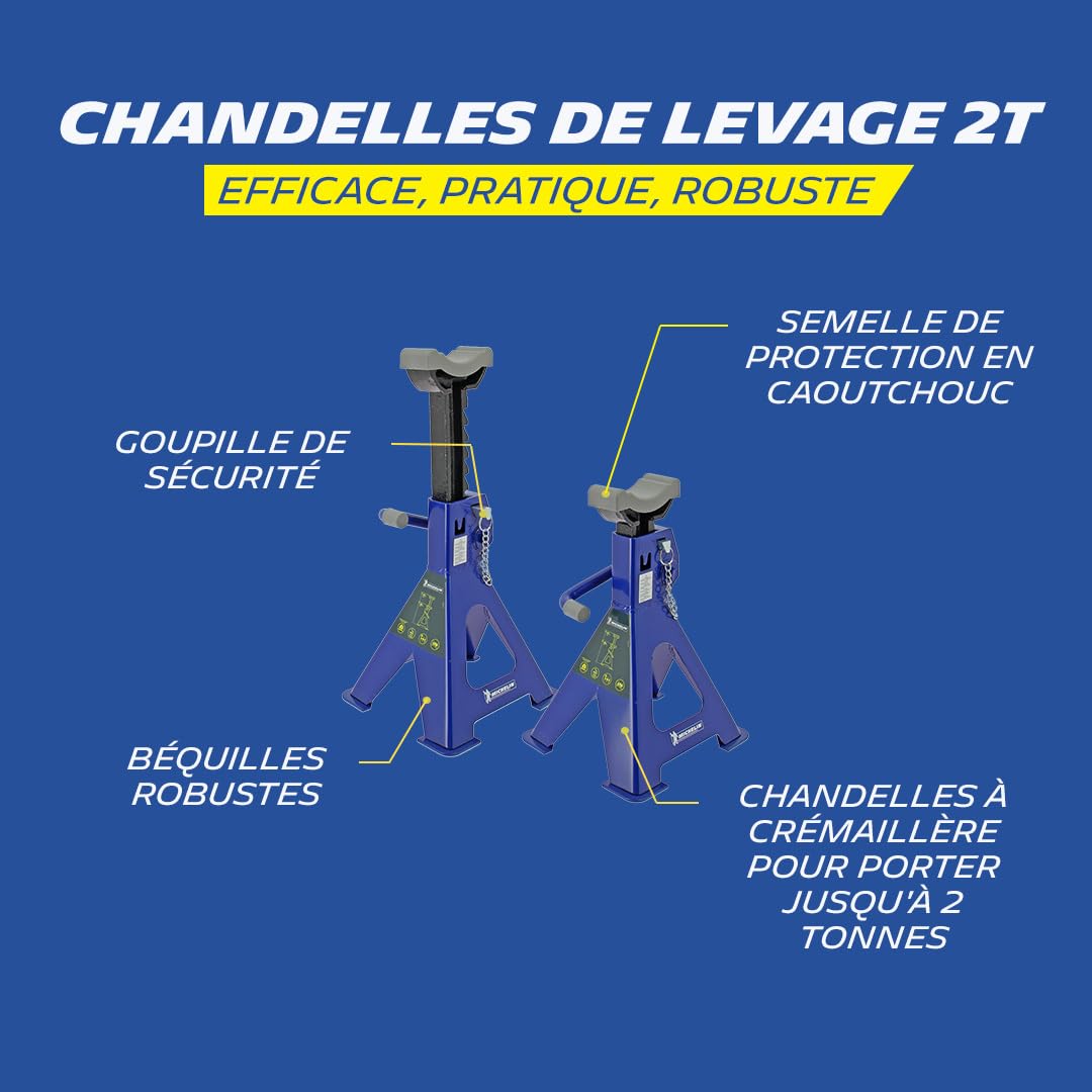 MICHELIN 009557 2 Chandelles de Levage à crémaillère 2 Tonnes - Hauteur réglable 280-415mm - Blocage Rapide Levier + Goupille de Sécurité - Pieds Larges Stables - Semelle Caoutchouc