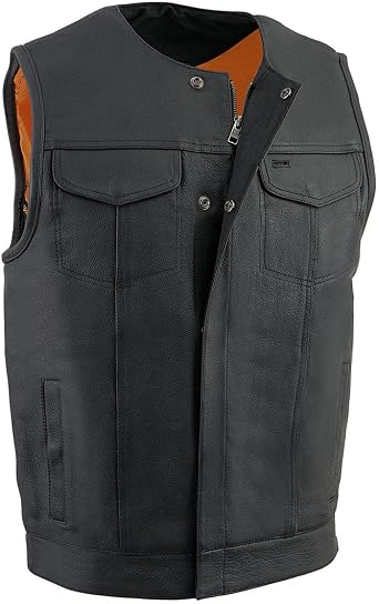 Milwaukee Leather MLM3511 Mens Black Collarless Snap/Zipper Club Style Motorcycle Leather Vest
