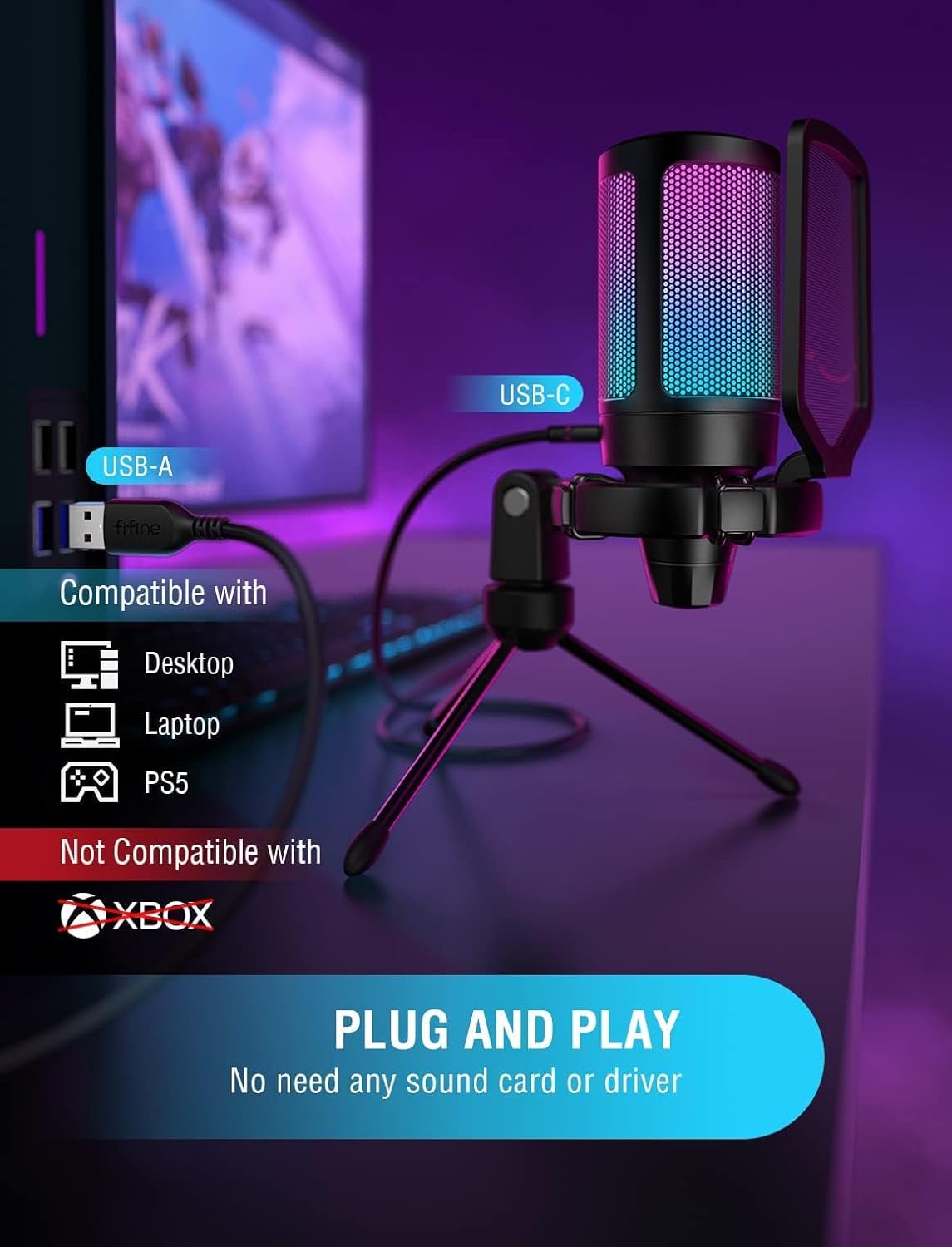 FIFINE Gaming Headset und USB Mikrofon, PC Microphone mit Mikrofon Ständer und Over Ear Kopfhörer mit USB & 3,5 mm Kabel, für Podcast Streaming Studio Mac PS4 PS5 Xbox Switch (A6V+H9)