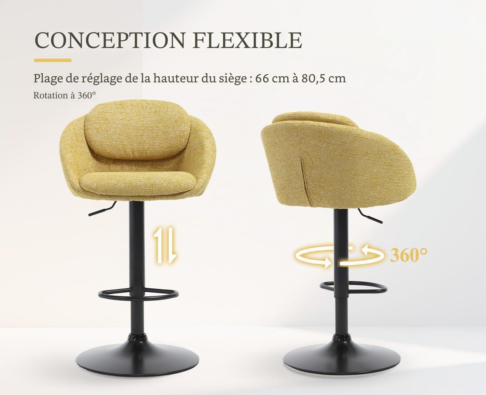 Ya-Home Tabouret de Bar Moderne Pivotant Lot de 2, Jaune | Chaises de Bar en Chenille, Chaise Haute Cuisine Réglable en Hauteur, Tabouret Haut avec Dossier Courbé