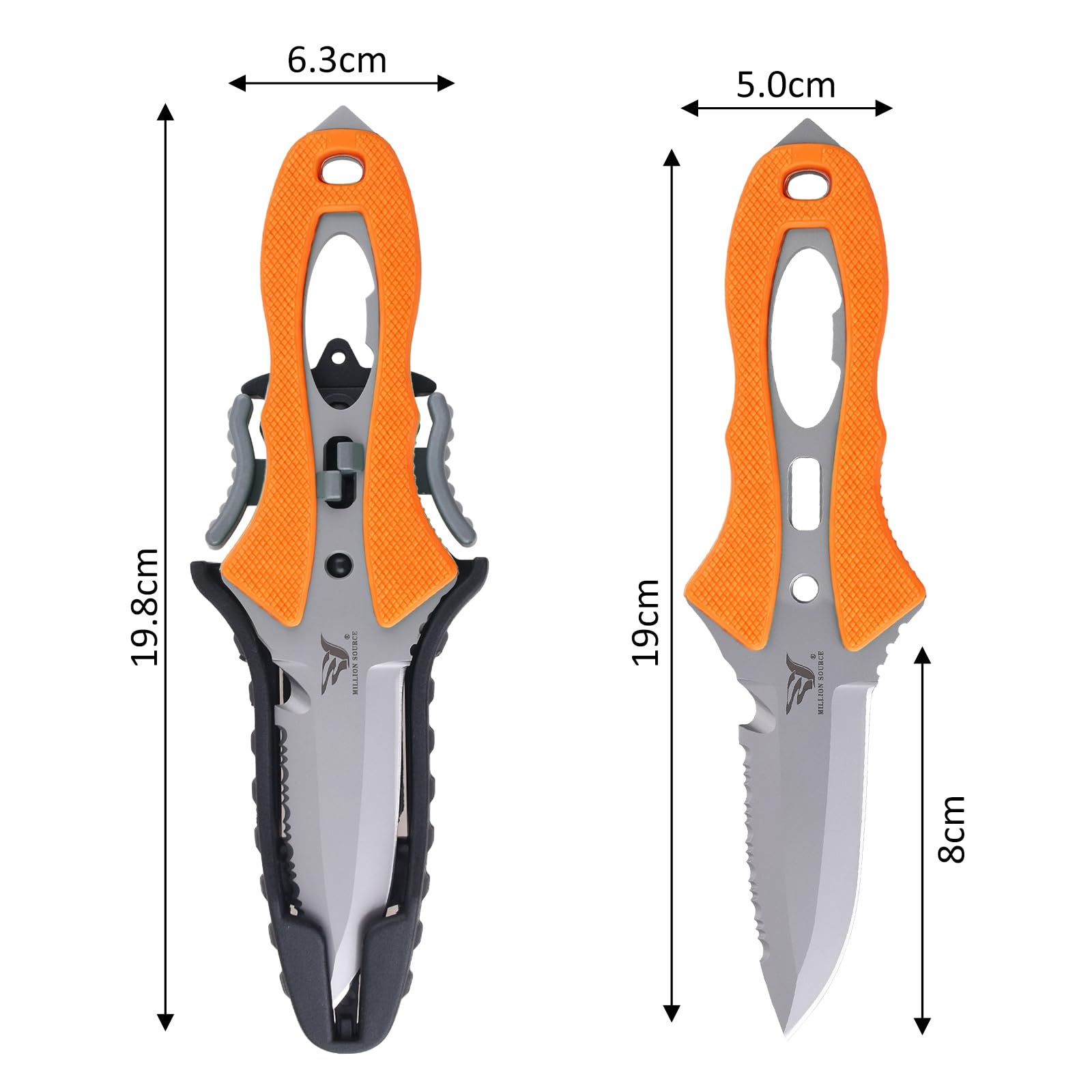 Tauchmesser Outdoor Rettungsmesser - 19 cm - Mit Sägezacken, Leuchtgriff & mehr - Ideal für Tauchen, Überleben & Notfälle