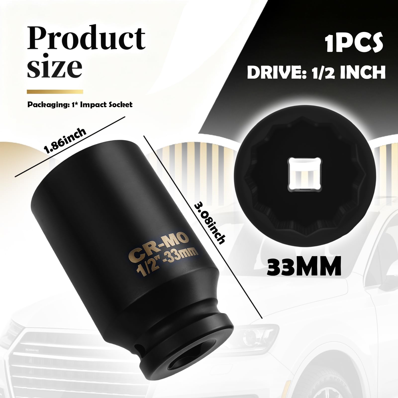 Gniazdo 33 mm z napędem 1/5.1 cm, antypoślizgowe nasadki udarowe z 12-punktową konstrukcją, wytrzymały, profesjonalny zestaw nasadek do nakrętek kół do odłączania nakrętek koła za pomocą klucza