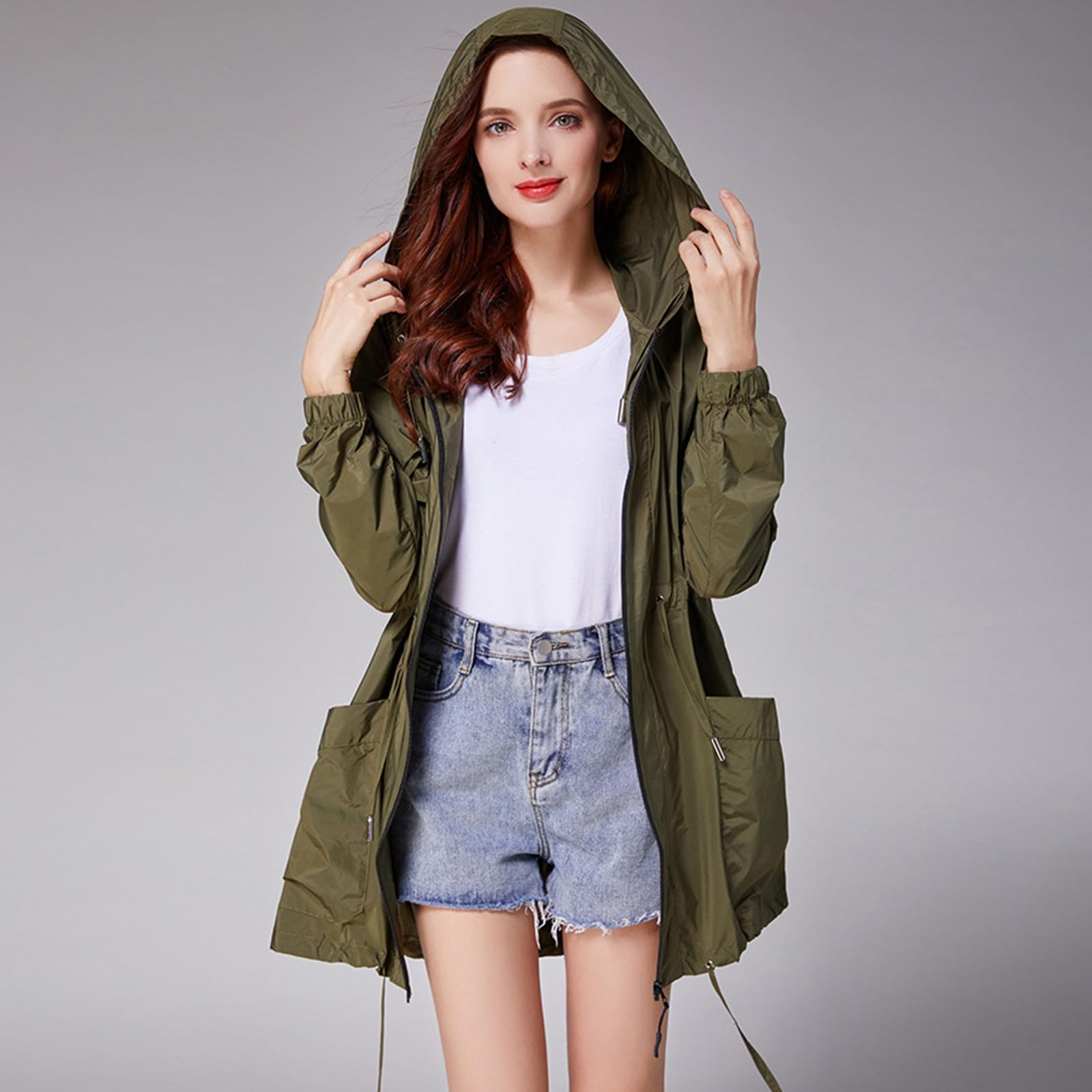 Generisch Chubasquero para mujer, cintura corta, ajuste estrecho, resistente al viento, con capucha, para adultos, estudiantes, paseos y desplazamientos (verde militar, talla única)