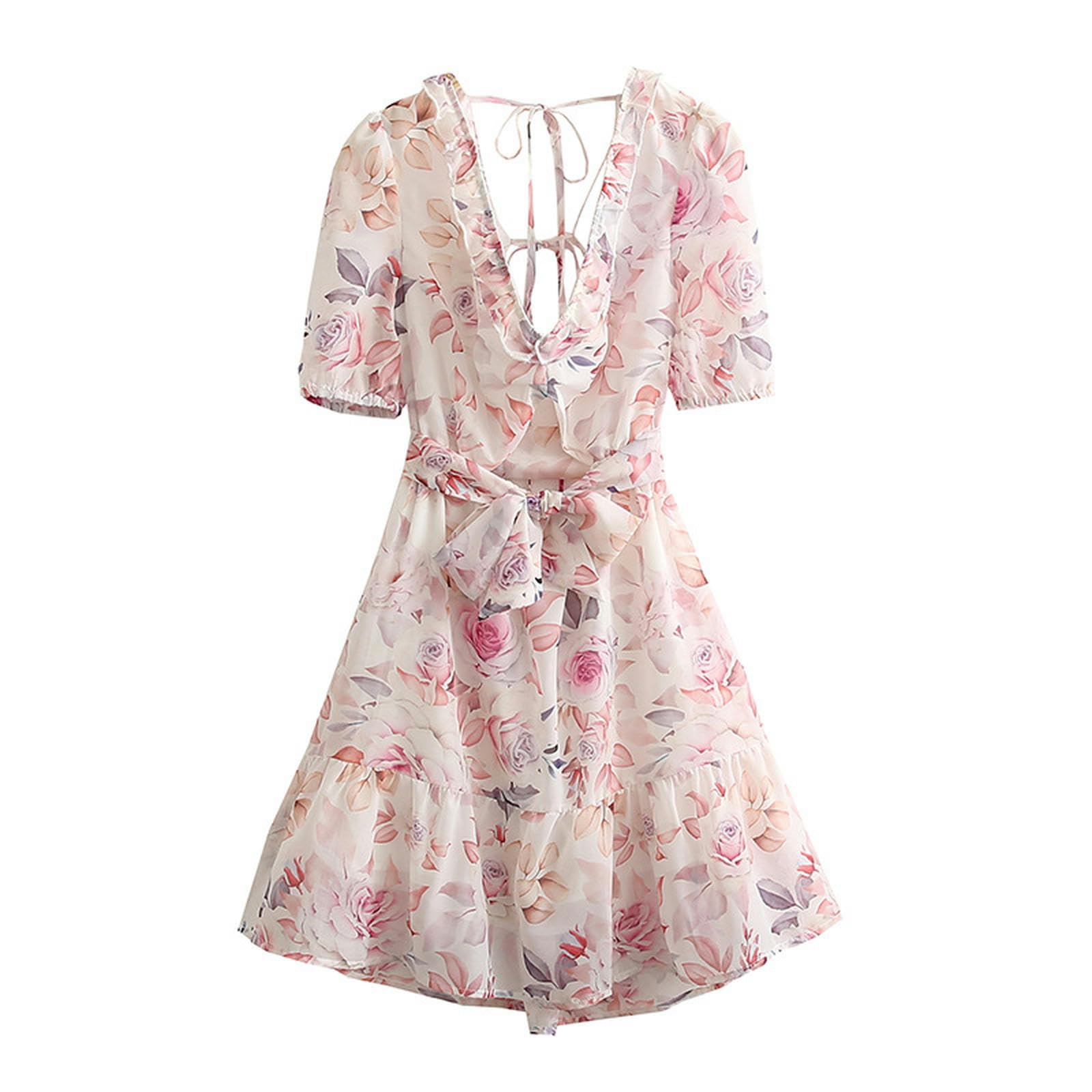 Robe d'été en mousseline de soie fleurie col en V profond taille XS pour femmes