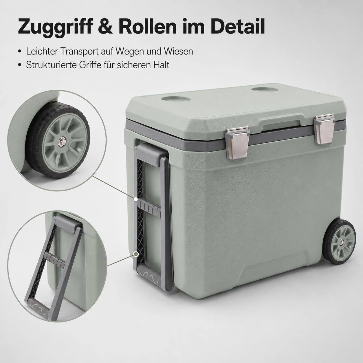 Borsa frigo con ruote, da campeggio, 45 litri, con manico telescopico e 2 ruote, isolamento dal freddo per 24 ore, portabicchieri integrato, per picnic, barbecue, verde