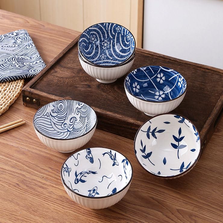 Image of Premium Ceramic Bowl Japanese Style Porcelain Rice, Soup & Dessert Bowls - Assorted Floral & Wave Patterns - Microwave & Dishwasher Safe - Gift Box Packaging (Blue & White Printed, PACK OF 6)