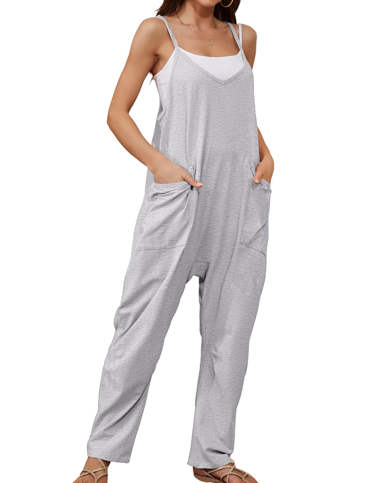 Voqeen Mujer Mono de Verano Peto Largo Suelto con Bolsillo Pierna Ancha Jumpsuit Casual Frescos Pantalones Color Sólido Overol con Tirantes Ajustable