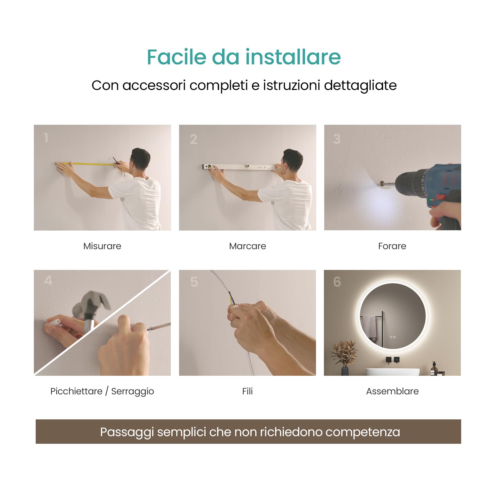 EMKE Specchio da bagno Rotondo 60x60 cm – Anti-Appannamento, Specchio bagno con luce con 3 tonalità di colore, luminosità regolabile, memoria, spegnimento automatico dopo 3 h, specchio LED