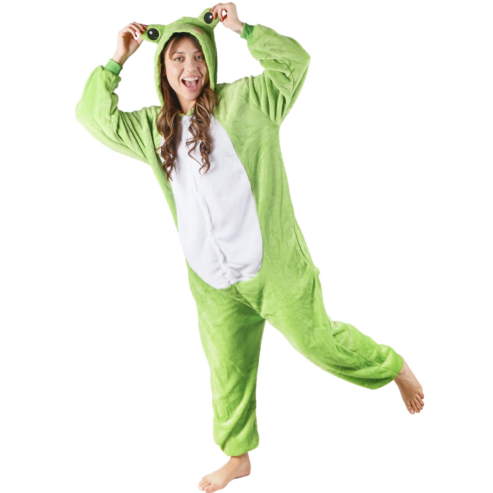 Costume de grenouille unisexe - Pyjama une pièce - Combinaison pour adulte - Avec capuche - Animal - Vêtements de nuit - En peluche - Pour homme et femme - Pour Halloween, carnaval, cosplay