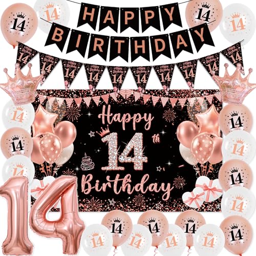 Deko 14 Geburtstag Mädchen Roségold Schwarz - Happy Birthday Banners Girlande Wimpel Große Happy 14. Birthday Banner (100 x 64cm) und XXL Zahlen Luftballon für 14 Jahre Geburtstagsdeko Party