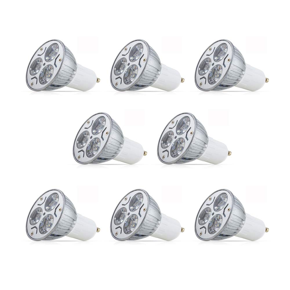 8 x GU10 3 Watt LED Bulbs, Equivalent to 25 Watt Halogen Bulbs, 240 lm, Warm White Light, 3000K, 120 Degree Beam Angle, Non-Dimmable LED Bulbs