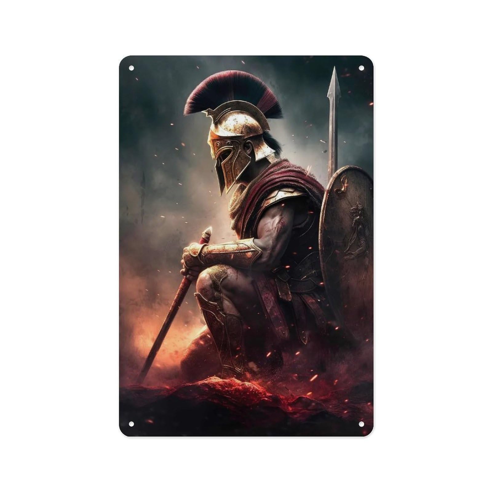 Spartan Warrior Metal Sign – Kneeling Spartan Soldier Wall Art, Ancient Greek Warrior Poster, Gladiator Helmet Decor for Man Cave, Gym, Office, 12×8 Inch