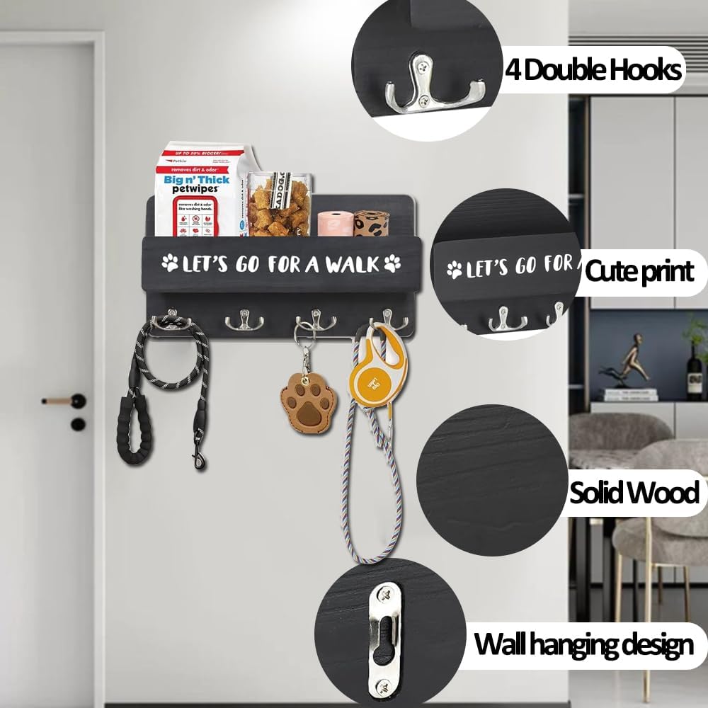 Wood Dog Leash Holder for Wall, Key Hangers with 4 Double Key Hooks, Dog Leash Hanger Wall Mounted for Entryway, Farmhouse Treats,30cm, Black