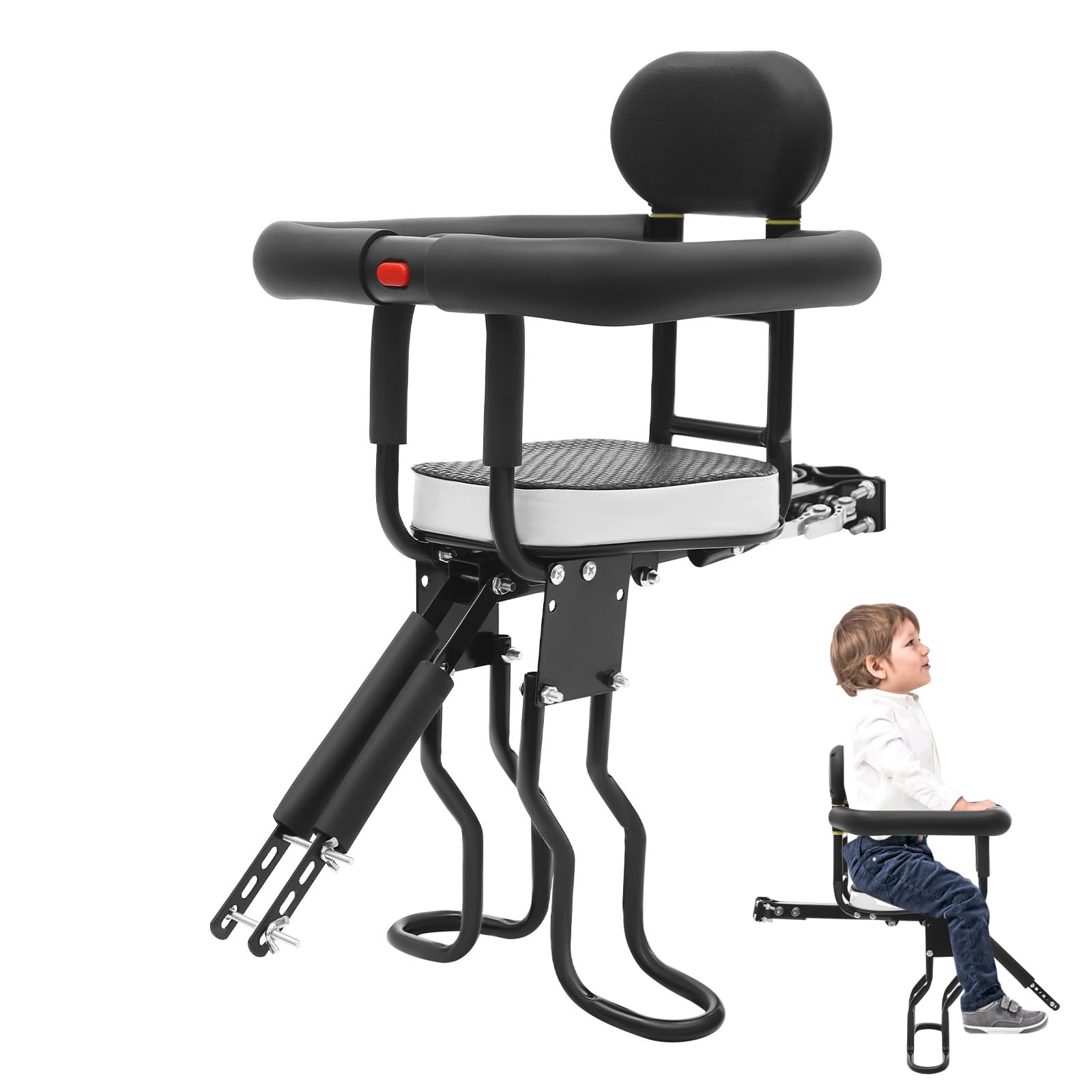 Siège de vélo avant pour enfant, fixation à deux points, garde-corps amovible et pédales réglables, sûr jusqu'à 80 kg pour 1 à 5 ans, compatible avec vélos et vélos électriques