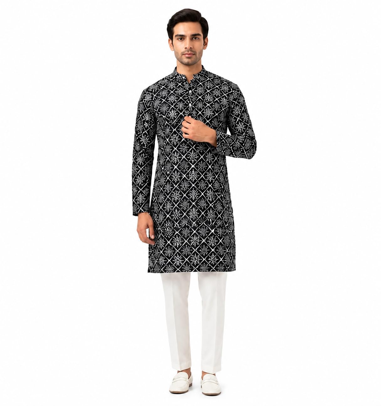 Men's Black Printed Kurta with Bandhani Pattern with Pajama (M)-image-1