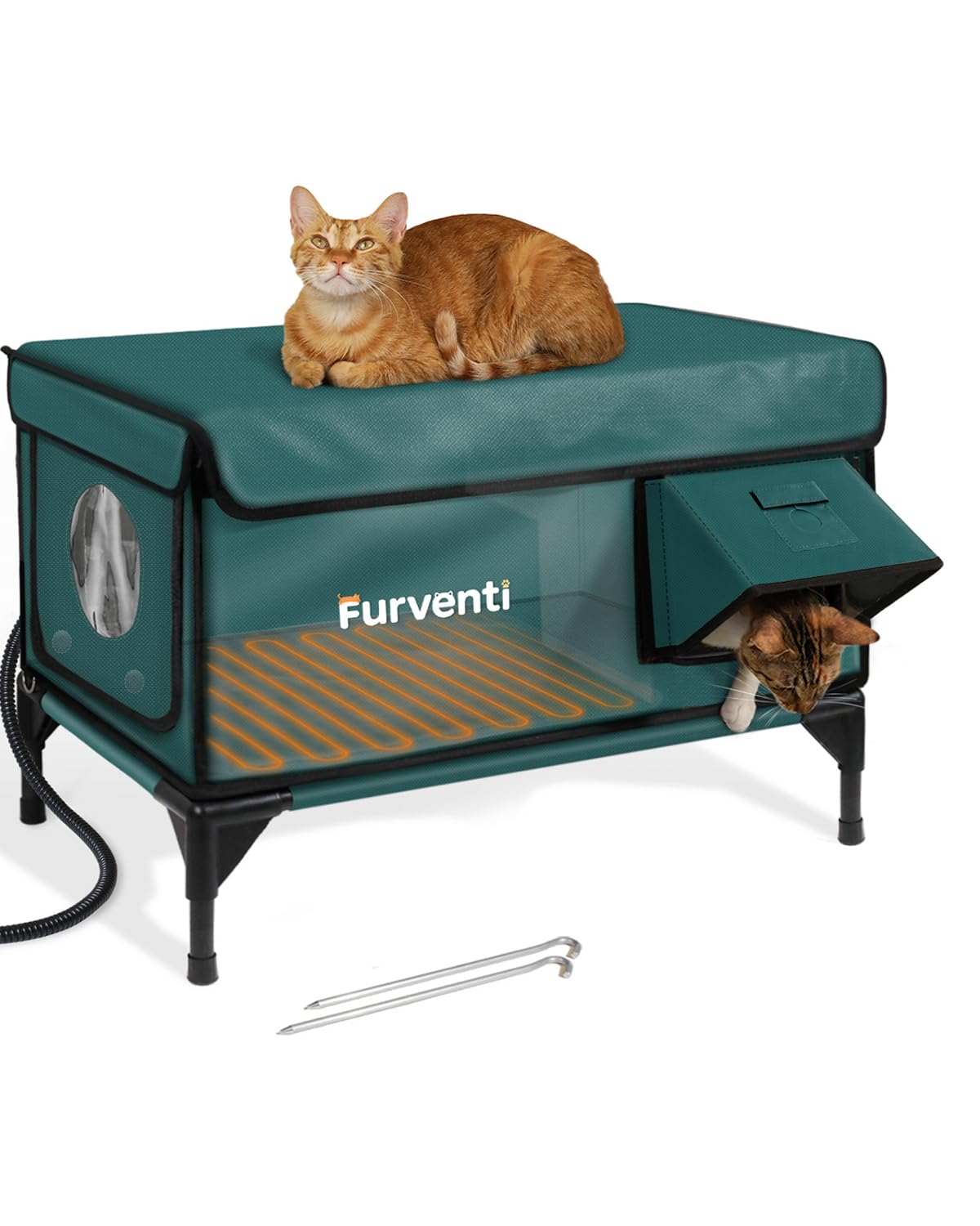 Outdoor Heated Cat House in Winter,Extremely Insulated &amp; Weatherproof,Elevated Feral Cat Shelter with Waterproof Eaves &amp; Escape Door for Outside Stray Barn Cat (Dark Green,M.)